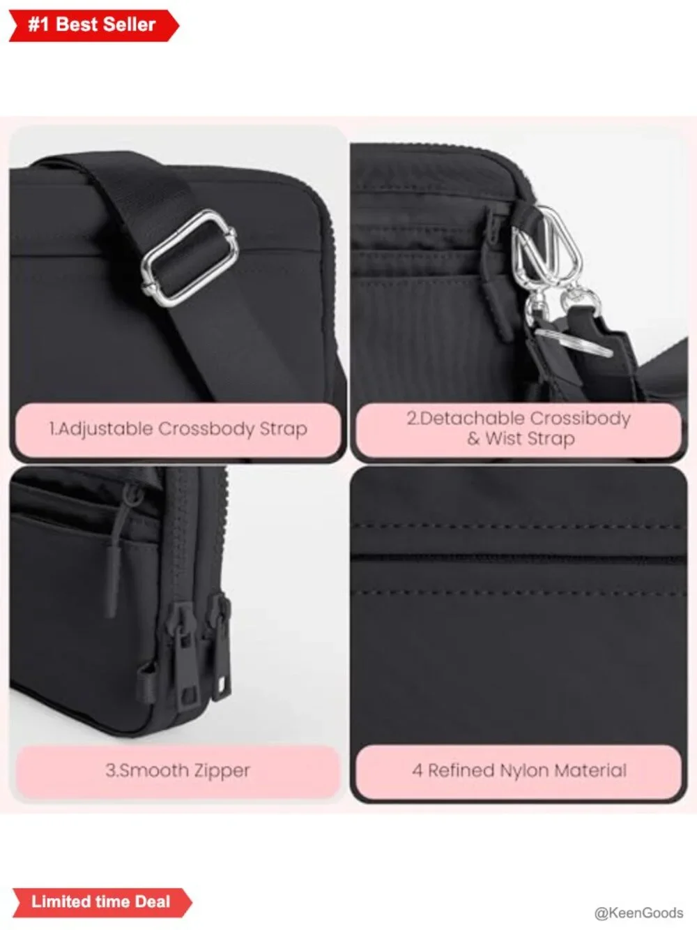 Nylon RFID Wristlet Crossbody Wallet with Card Slots & Anti-Theft Lock